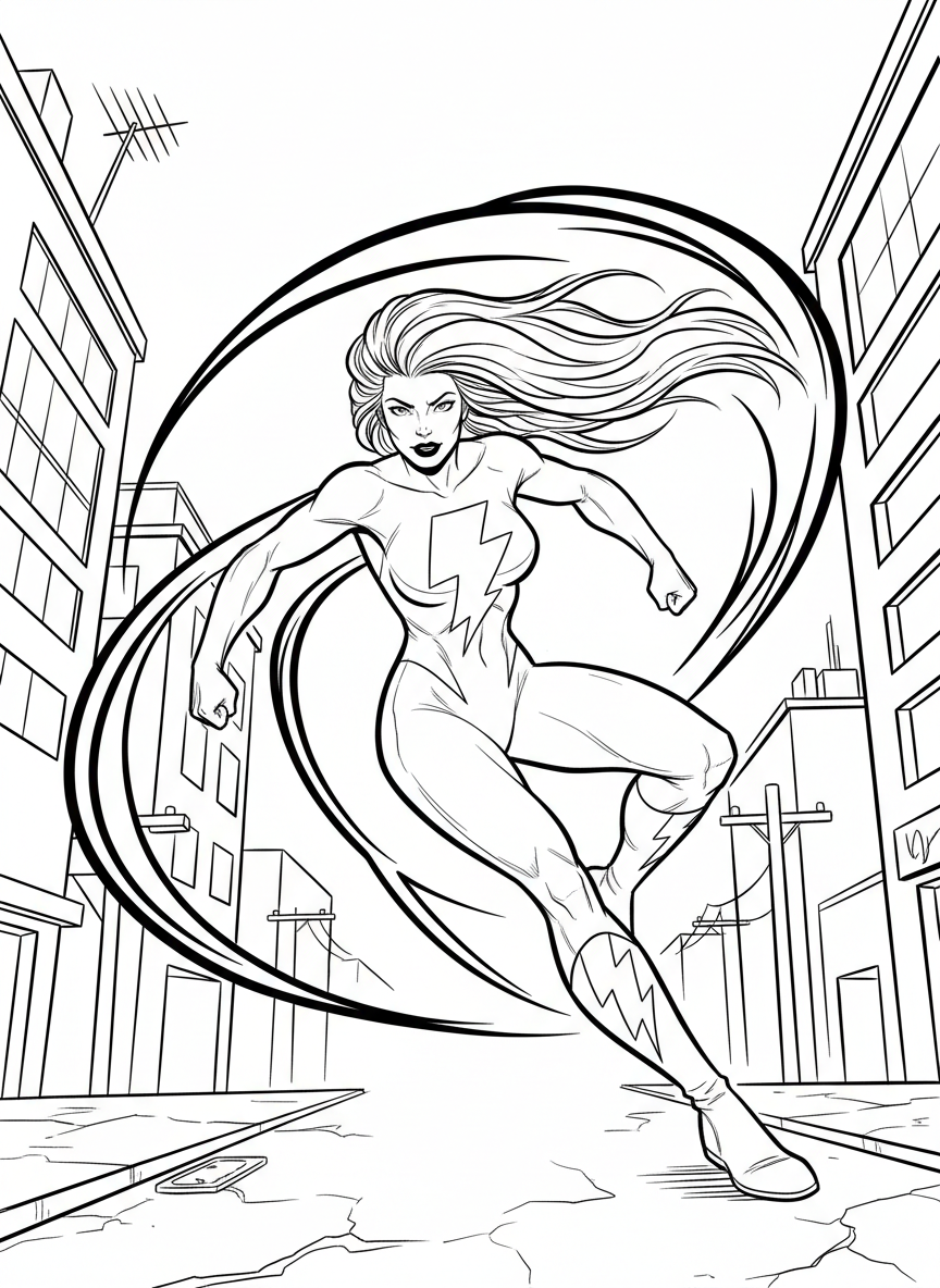 A female superhero with long hair running at super speed, motion lines behind her, wearing boots and a lightning bolt symbol on her suit