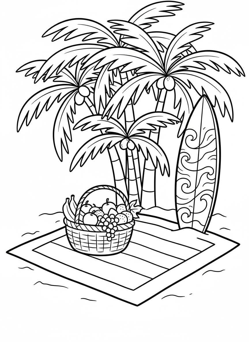 A beach picnic scene with a blanket, fruit basket, surfboard standing in the sand, and palm trees providing shade overhead.