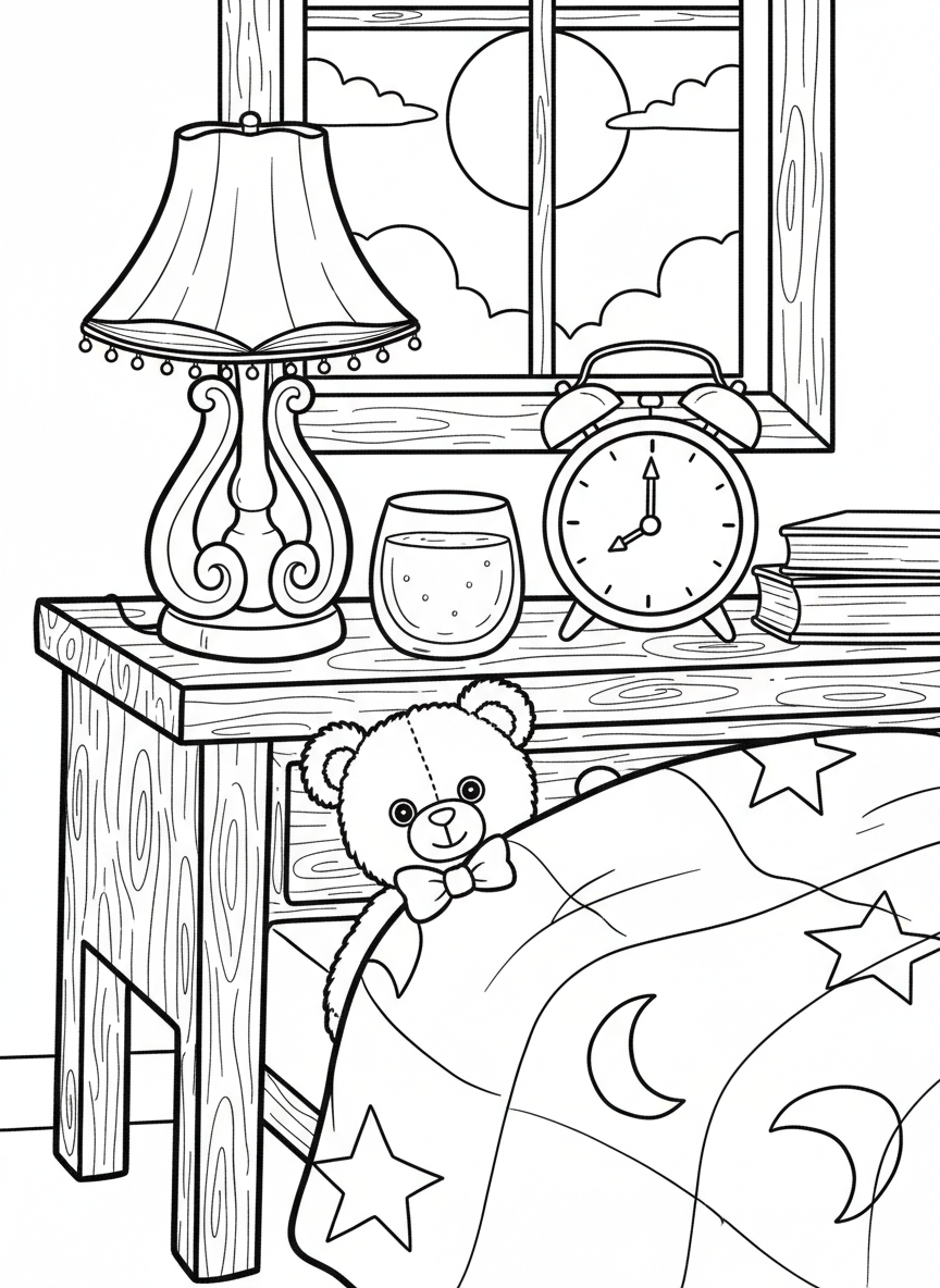 A nightstand scene with a storybook lamp, alarm clock, glass of water, and a small stuffed animal tucked in