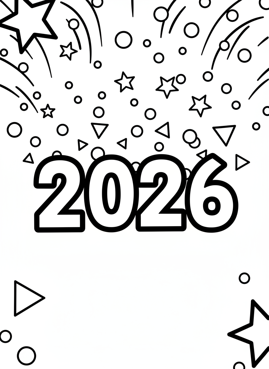 Confetti pieces of various shapes (circles, stars, triangles) raining down over bold '2026' numbers in the center of the page.