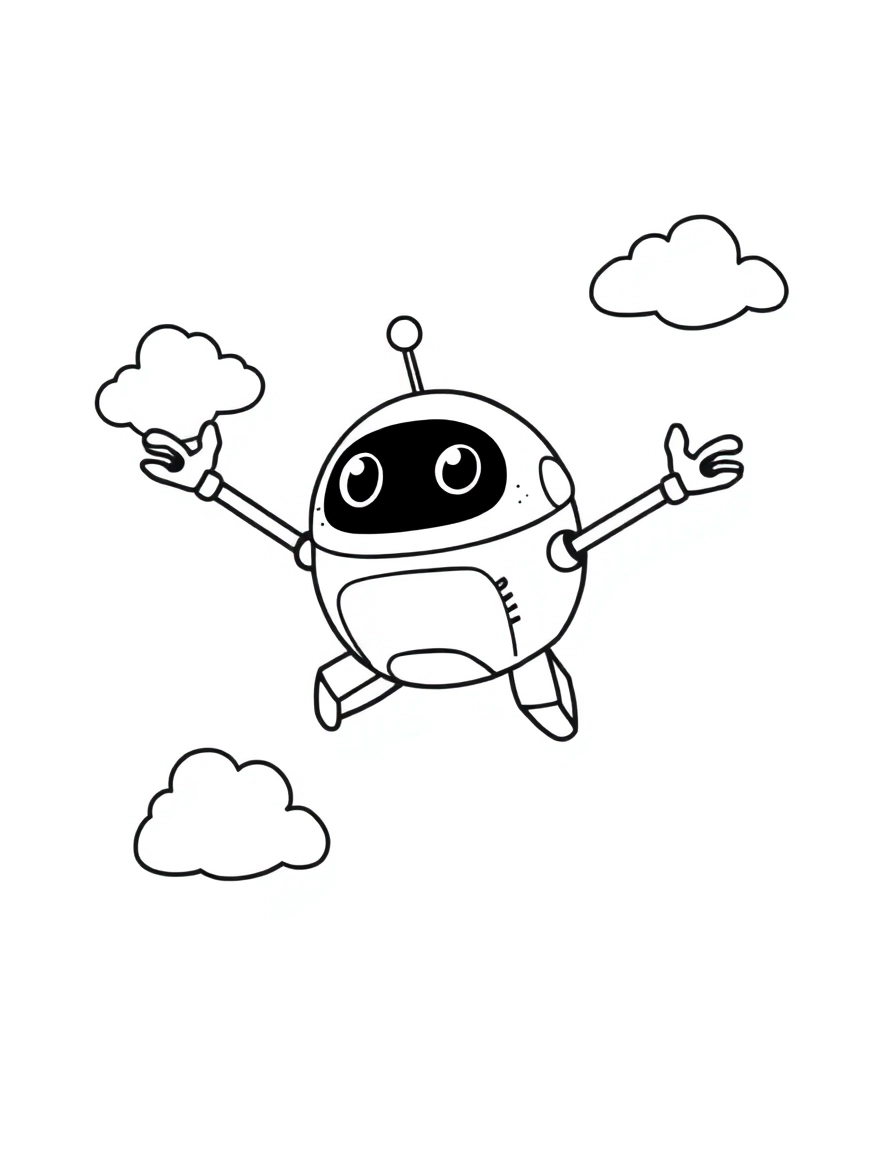 A small, spherical happy robot with a single propeller on its head, flying joyfully through fluffy, simple clouds. The drawing is a minimalist black and white vector with bold outlines, capturing a sense of fun and motion.