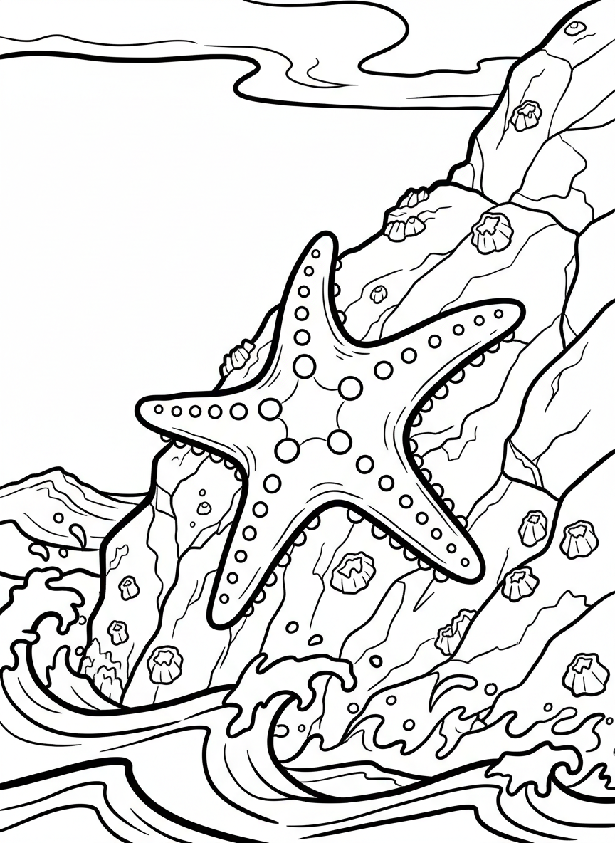 A starfish clinging to the side of a large rock with waves suggested in the background, showing the creature's tube feet, action pose.
