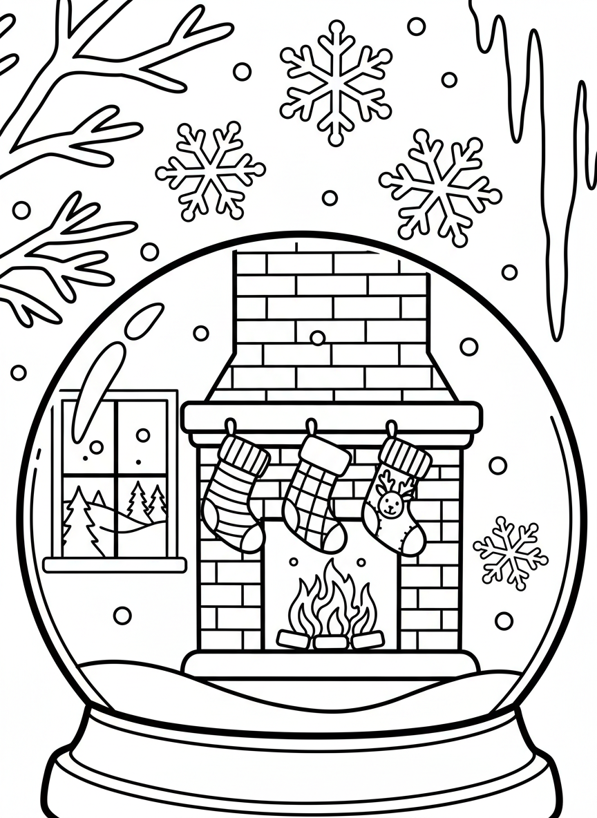 A snow globe with a cozy fireplace scene inside a tiny room, with stockings hung and snow visible through a window, snowflakes swirling outside.