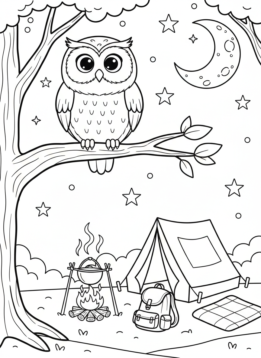 A friendly owl perched on a tree branch above a small campsite at night, with a crescent moon and stars in the sky.