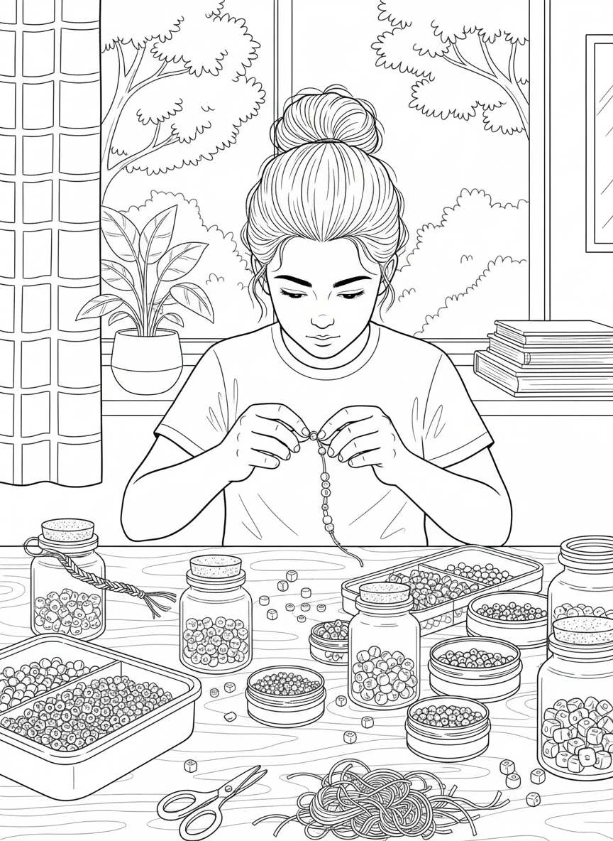 A young crafter stringing colorful beads onto thread to make friendship bracelets, with bead containers organized on the table.
