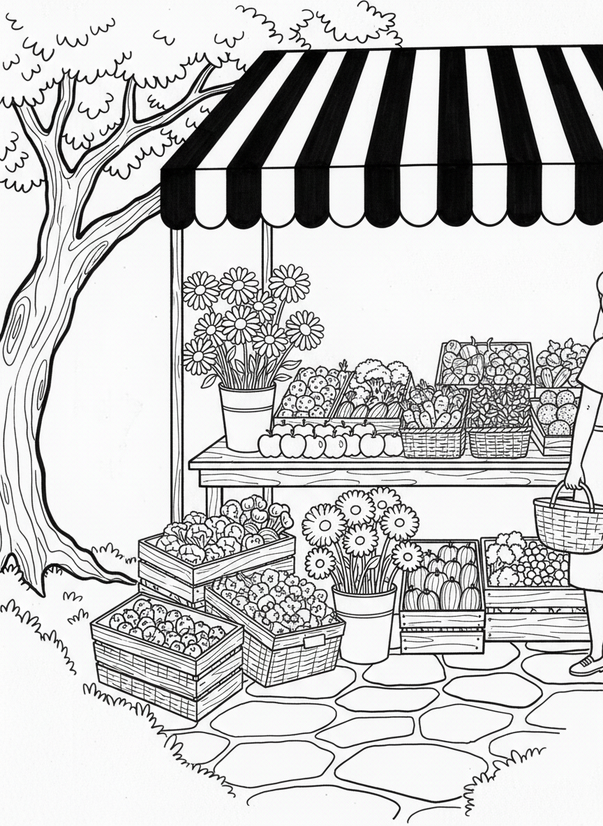 A farmers market stand displaying fresh vegetables, fruits, and flowers in crates and baskets with a striped awning overhead.