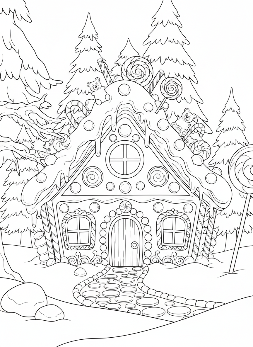 A gingerbread house decorated with candy, frosting, and sweets in a snowy forest clearing, detailed outline