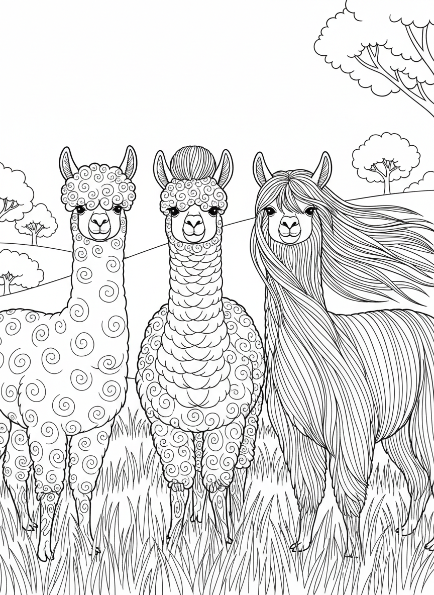 Three alpacas with different hairstyles and fluff patterns, standing together showing their unique wool textures.