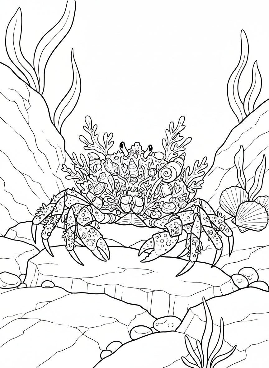A close-up of a decorator crab covered with bits of seaweed and shells for camouflage, standing on a rocky surface.