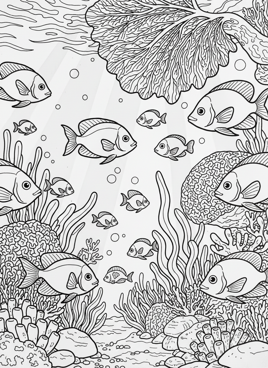 A vibrant coral reef filled with fish swimming in every direction, sea plants swaying, and sunlight filtering through clear water.