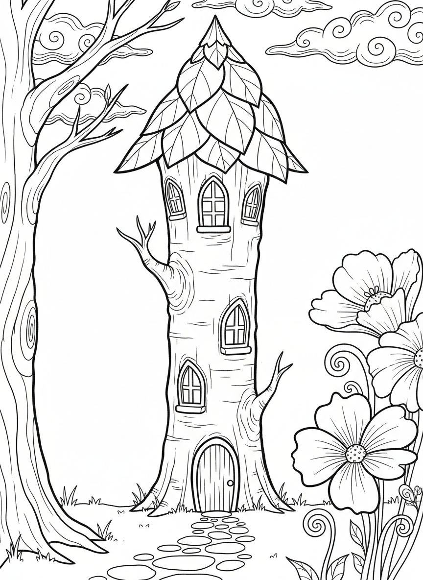A tall narrow fairy tower made from a birch branch with carved windows at different heights and a pointed leaf roof.