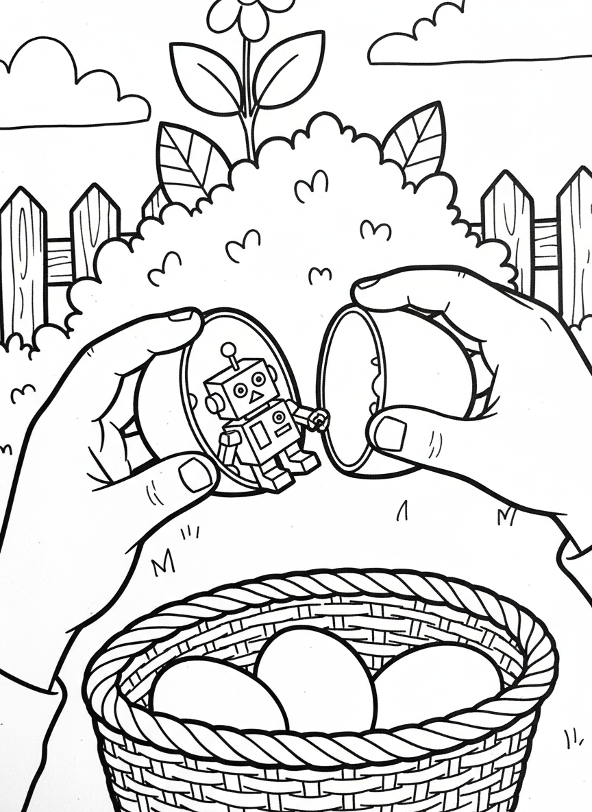 A close-up of a child's hands opening an Easter egg to reveal a small toy surprise inside.