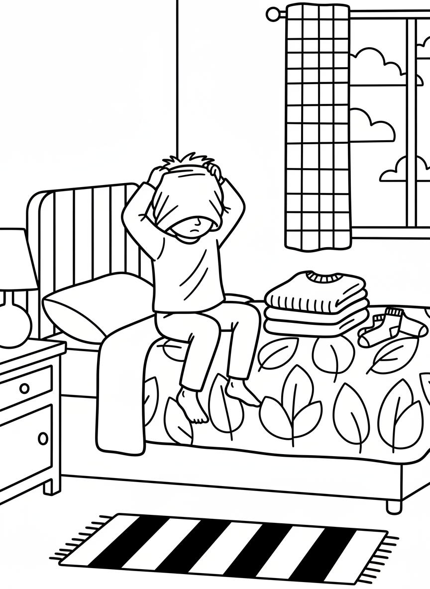 A child getting dressed, pulling a shirt over their head, clothes neatly placed on a bed, simple bedroom setting, soft morning atmosphere, clean bold outlines, simple shapes, no text, no logos