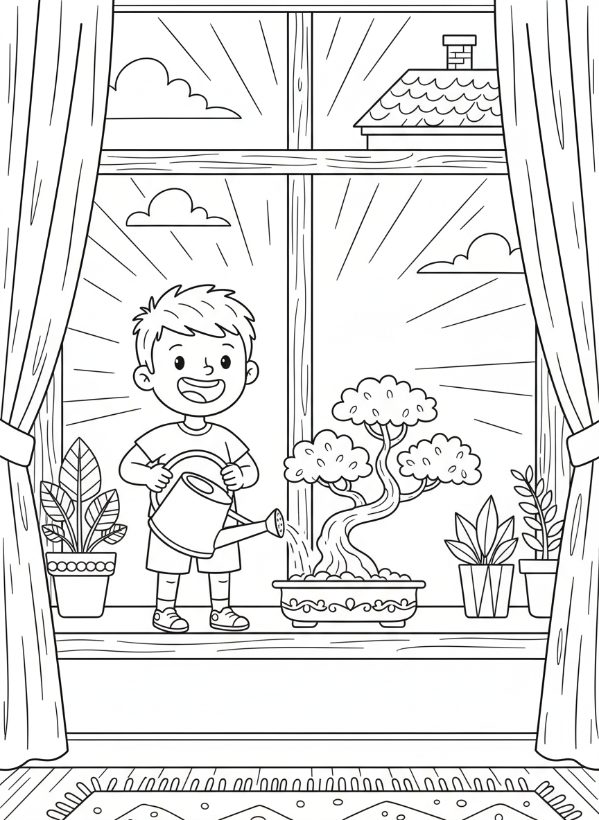 A cheerful child watering a small bonsai tree on a sunny windowsill with a watering can, simple and friendly composition.