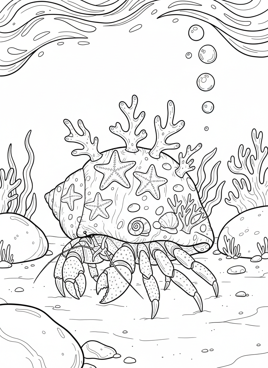 A decorative hermit crab whose shell is covered in sea stars, coral pieces, and ocean treasures it has collected.