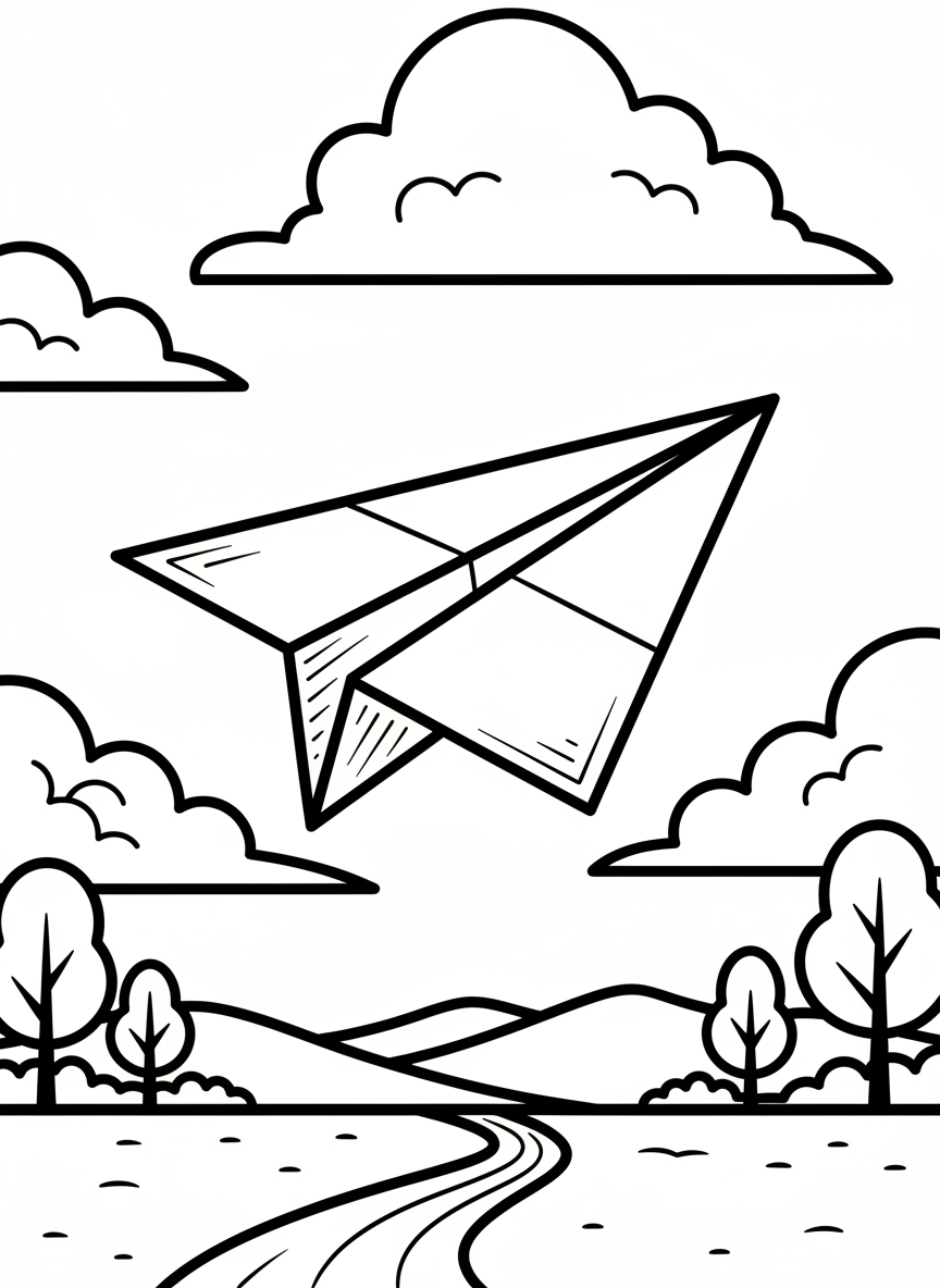 A simple origami paper airplane with clean geometric folds, shown from a side angle with clear wing and body lines, floating in the sky.