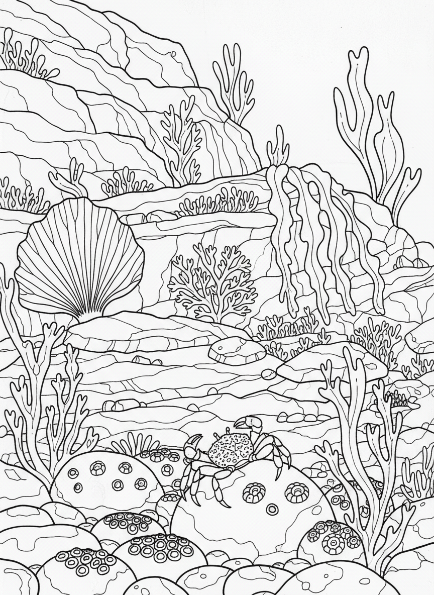 A detailed tide pool landscape with layered rocks, various seaweeds, and a small crab climbing over barnacle-covered stones