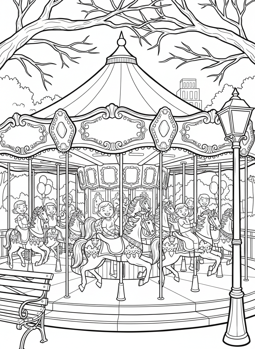 Central Park carousel with decorated horses going up and down, ornate details on the merry-go-round, joyful amusement scene.