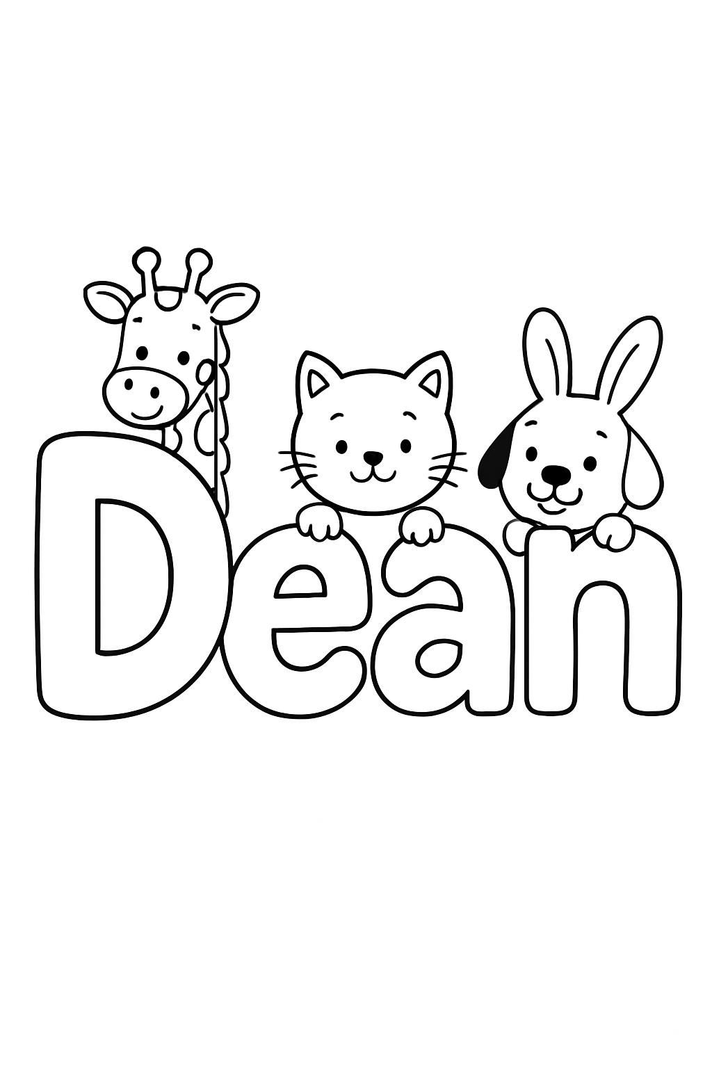 The name “Dean” in bubble letters with cartoon animals peeking out of each letter. make the name all on one line, capitalize only the "D"