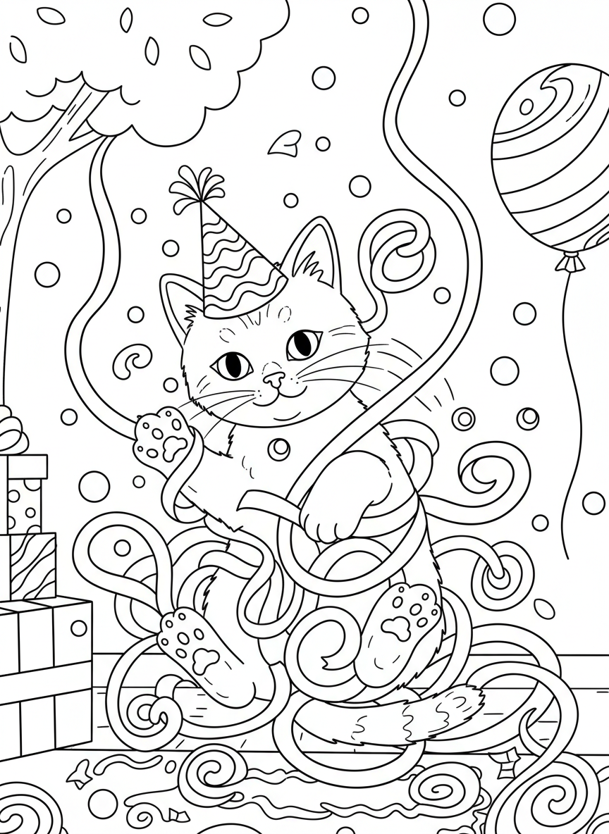 A playful kitten tangled in party streamers and confetti, with a party hat tilted on its head