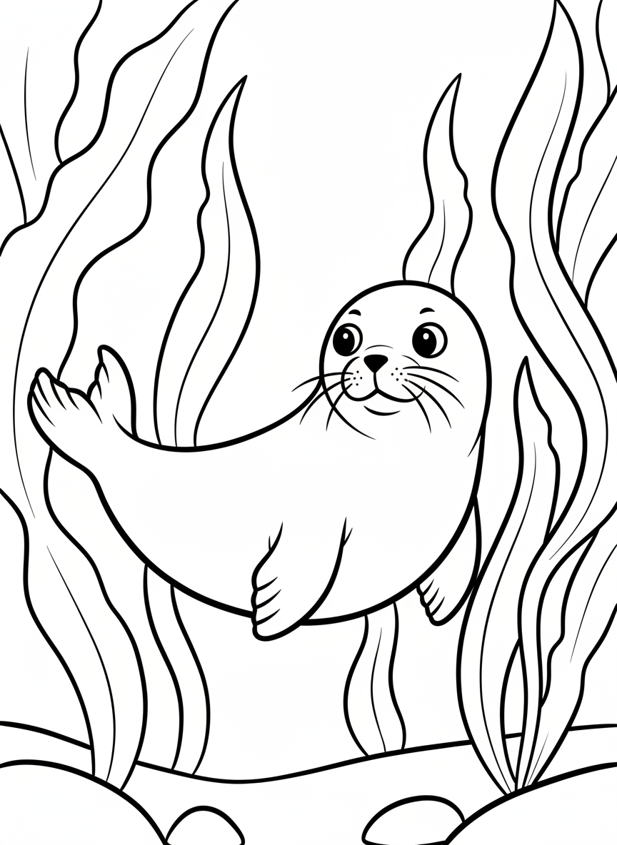 A curious seal pup swimming through a kelp forest, kelp leaves flowing around it, simple composition for young children