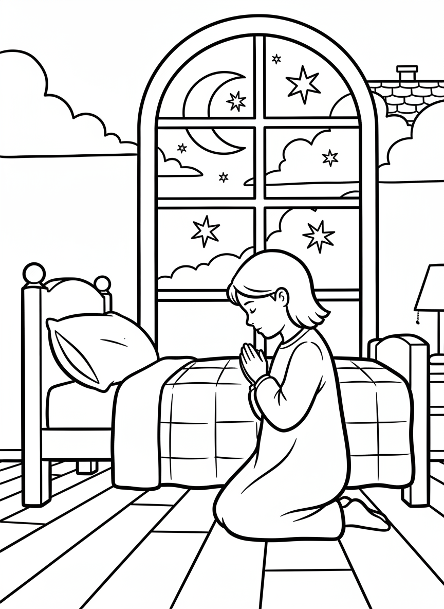 A praying child kneeling beside their bed with hands folded and a window showing the moon and stars