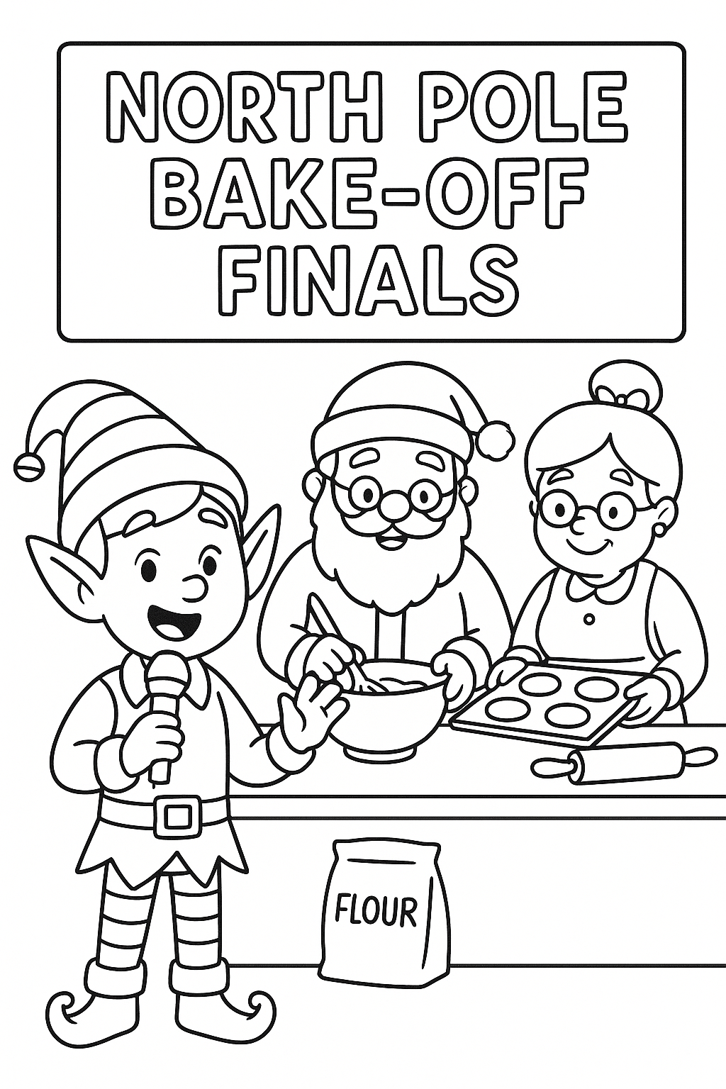 An elf host with a microphone announcing the “North Pole Bake-Off Finals” as the Clauses bake behind them.