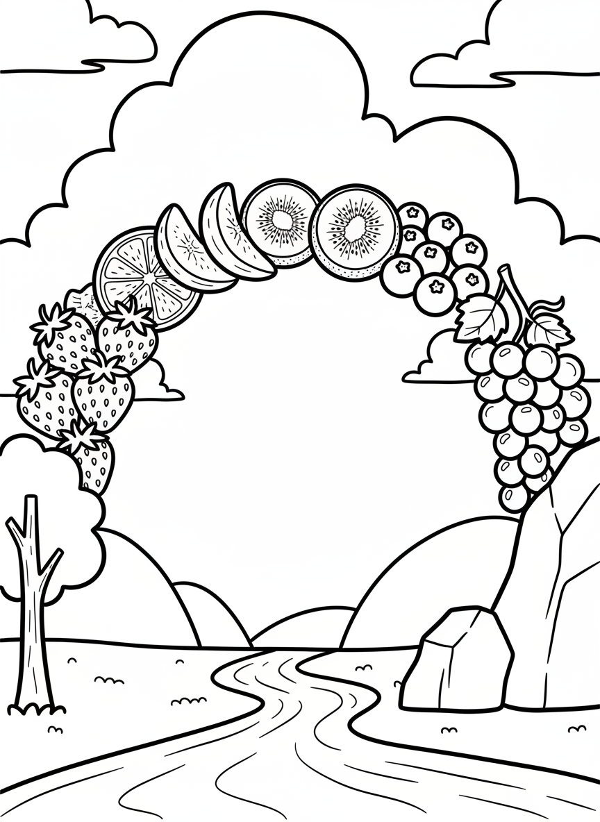 A fruit rainbow arch made of different fruits: strawberry, orange, banana, kiwi, blueberry, and grapes arranged in an arc