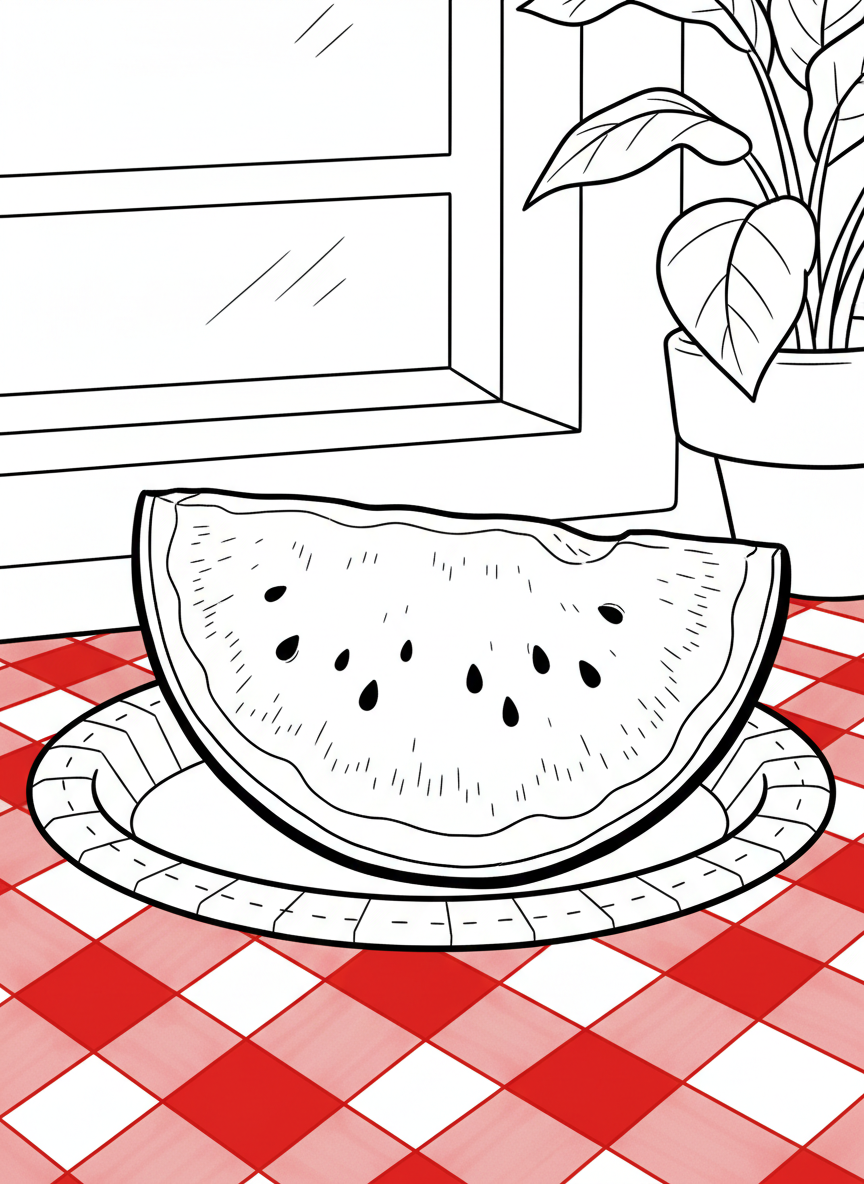 A close-up of a slice of watermelon on a paper plate with seeds, sitting on a red and white checkered tablecloth.
