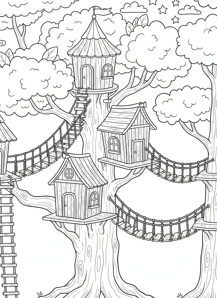 A treehouse village with three houses connected by swinging rope bridges at different heights, detailed wooden planks and rope textures