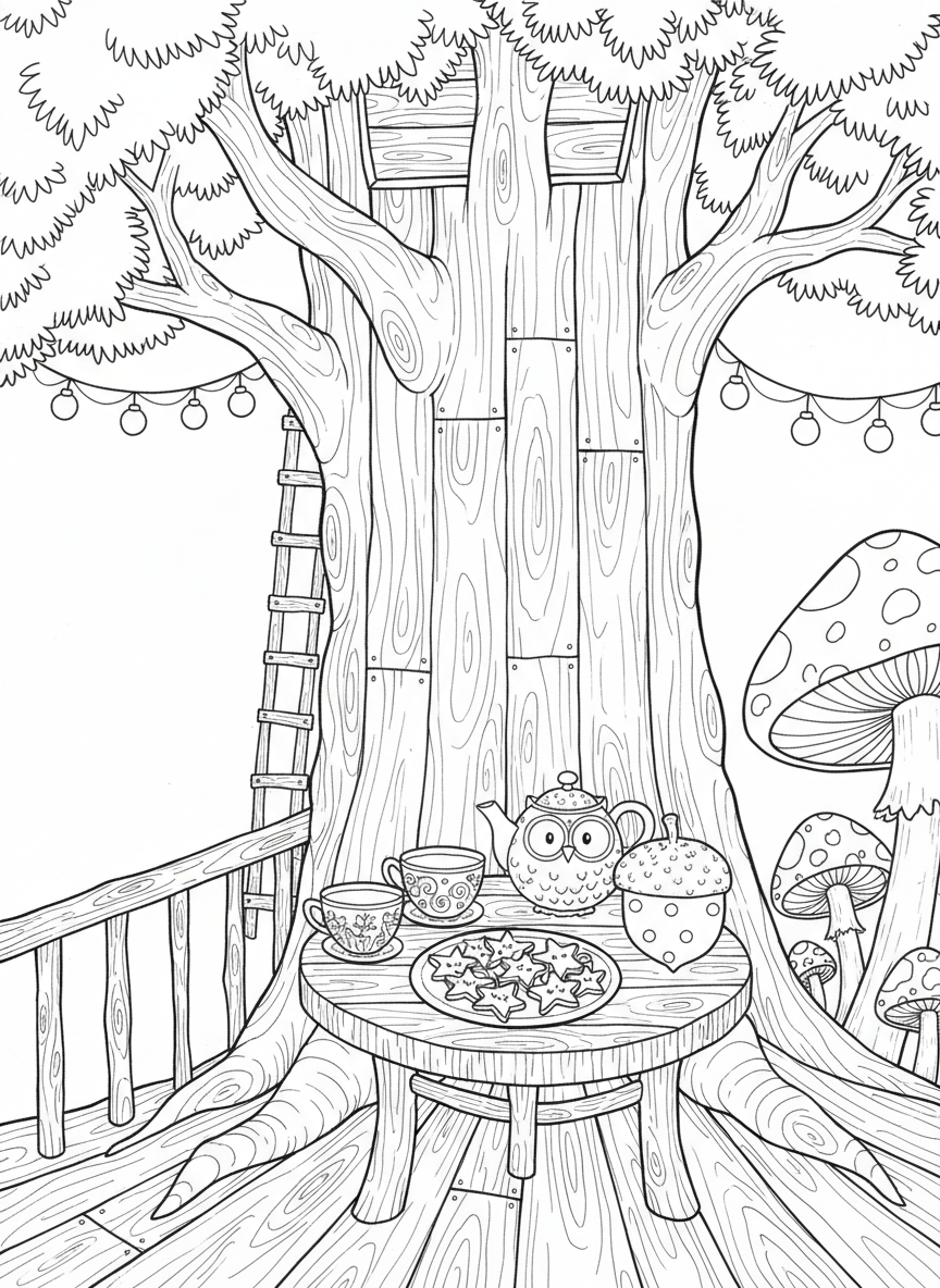 A whimsical tea party setup inside a treehouse, with a small table, mismatched teacups, and a plate of star-shaped cookies.