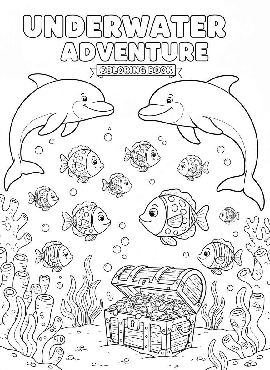 Underwater adventure coloring book cover, full-color illustration with smiling dolphins, colorful fish, and a treasure chest on the seafloor. Title-safe area at top.