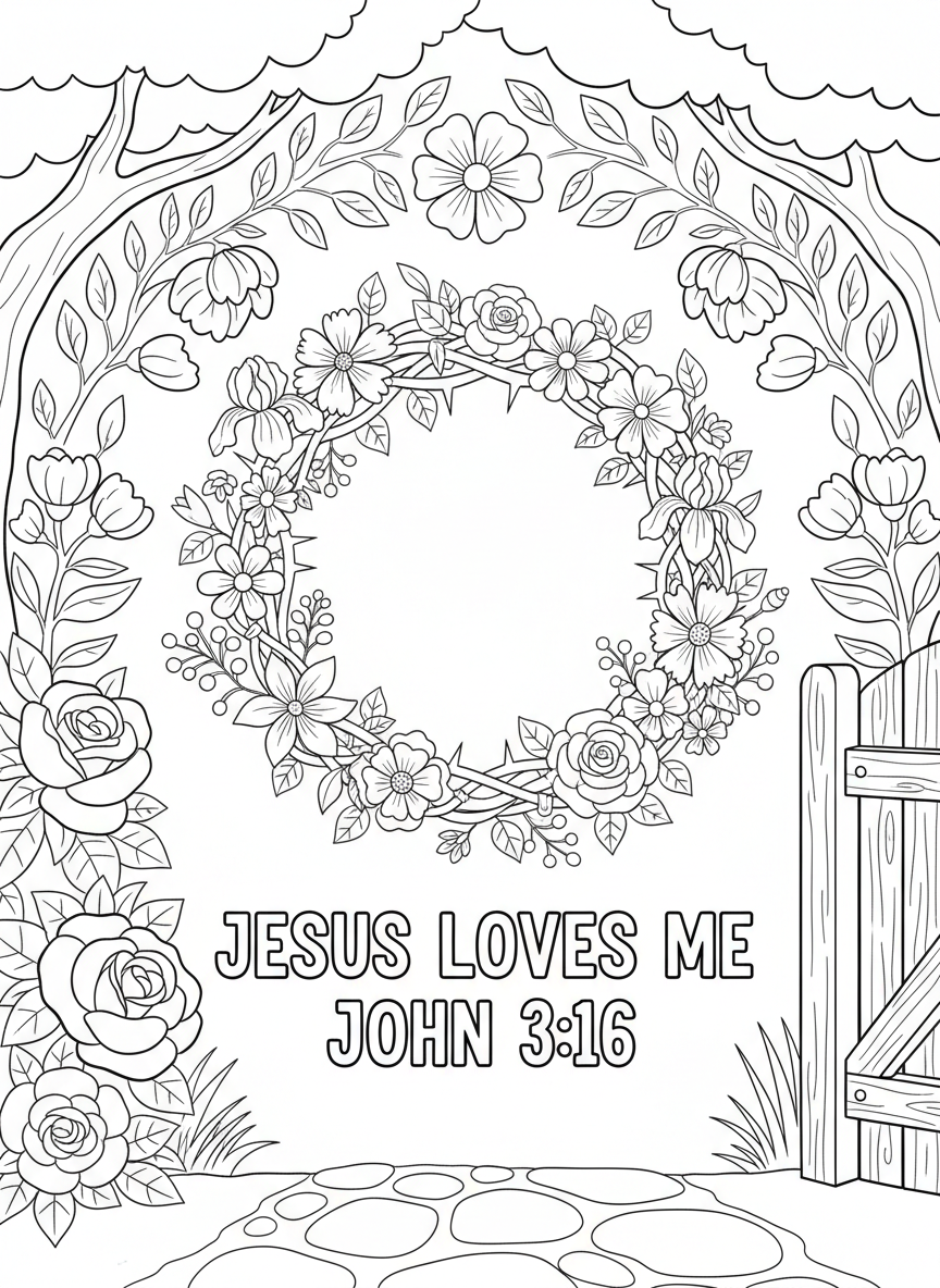 A crown of thorns transformed into a crown of flowers, with 'Jesus Loves Me John 3:16' written in child-friendly block letters