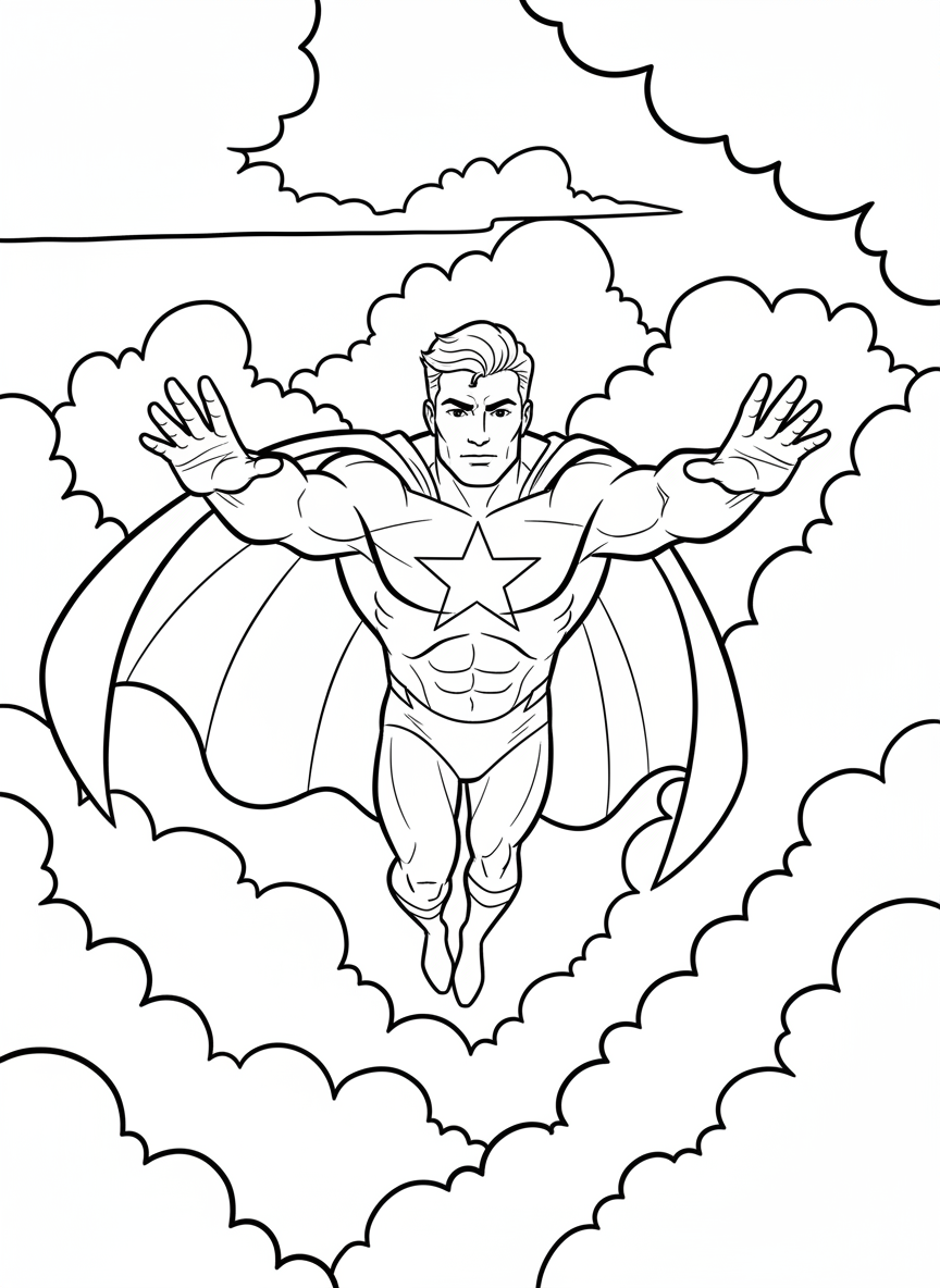 A brave superhero flying through clouds with a flowing cape, arms stretched forward in classic flight pose, simple costume with a star emblem on the chest