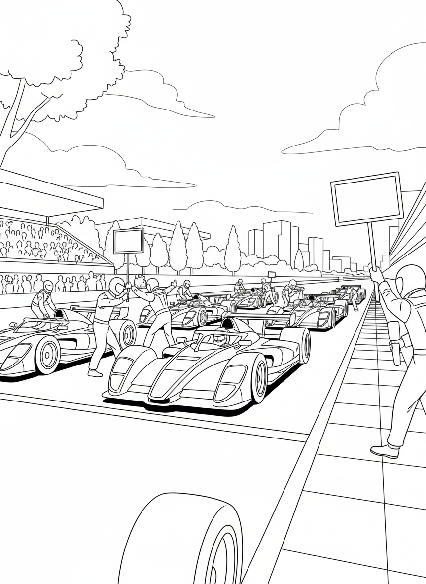 Wide scene of multiple race cars lined up at the starting grid before the race begins, with pit crew members nearby preparing.