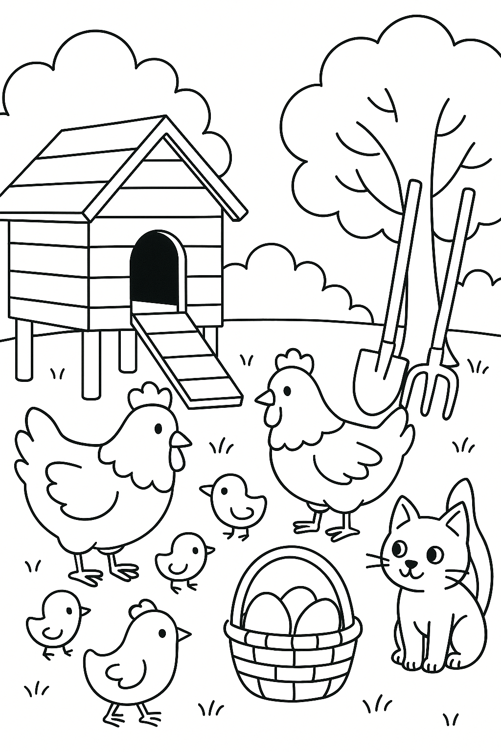 Hens and chicks exploring near a wooden chicken coop, eggs in a basket, a curious cat watching, farm tools leaning nearby, trees swaying gently, and a cozy cartoon look.