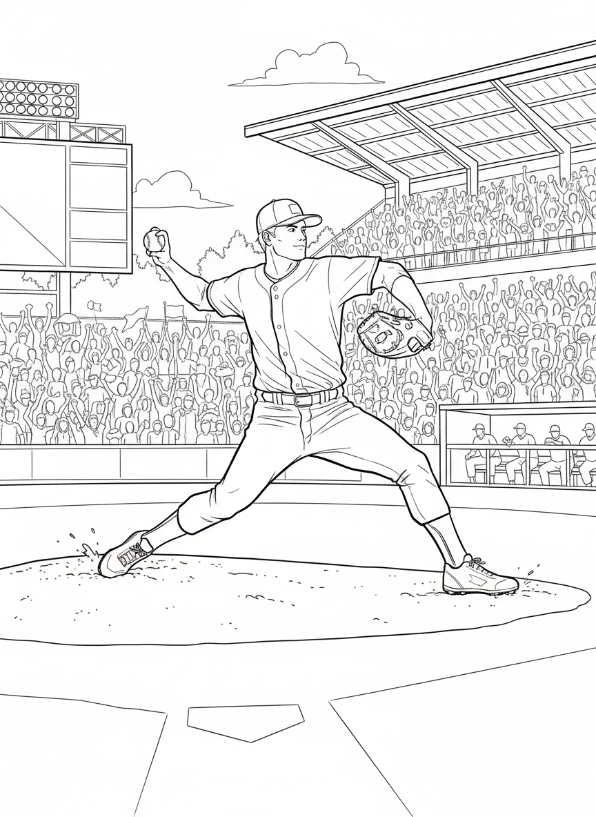 A pitcher winding up to throw the first pitch of opening day, dynamic action pose with baseball uniform details and stadium background.
