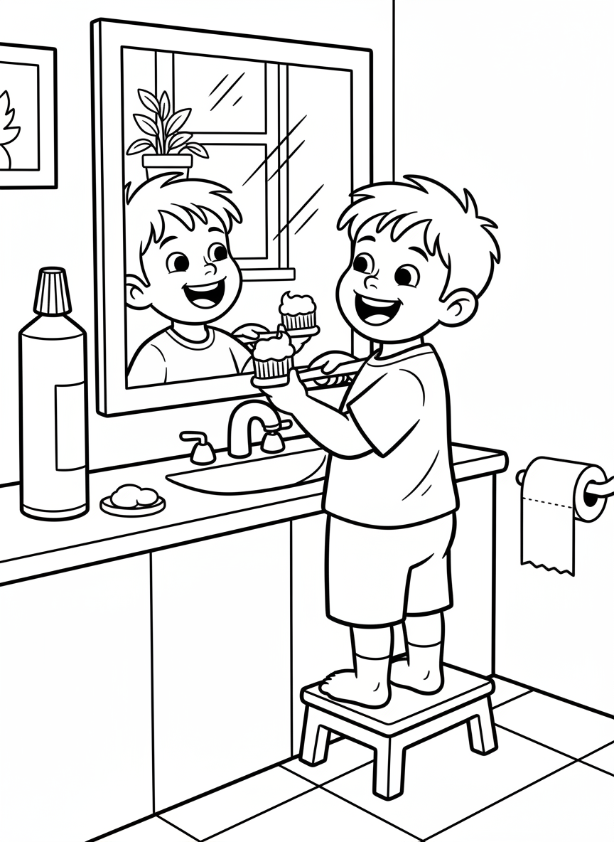 A young child standing at the bathroom sink brushing teeth with a toothbrush, looking in a mirror with a happy expression, toothpaste tube nearby