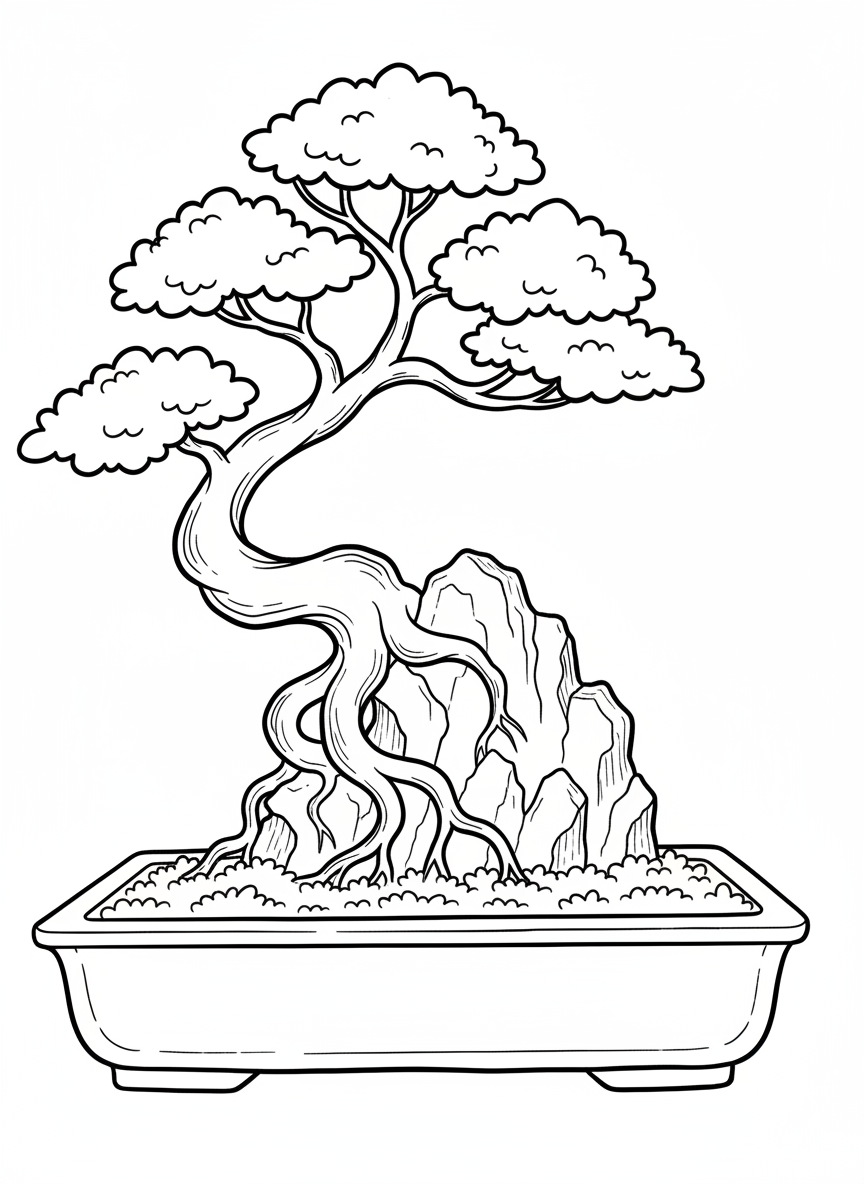 A bonsai tree with exposed roots growing over a rock, sitting in a shallow rectangular tray filled with moss.