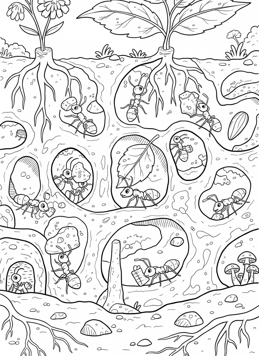 A busy anthill scene with ants carrying food through tunnels and pathways surrounded by dirt and plants.