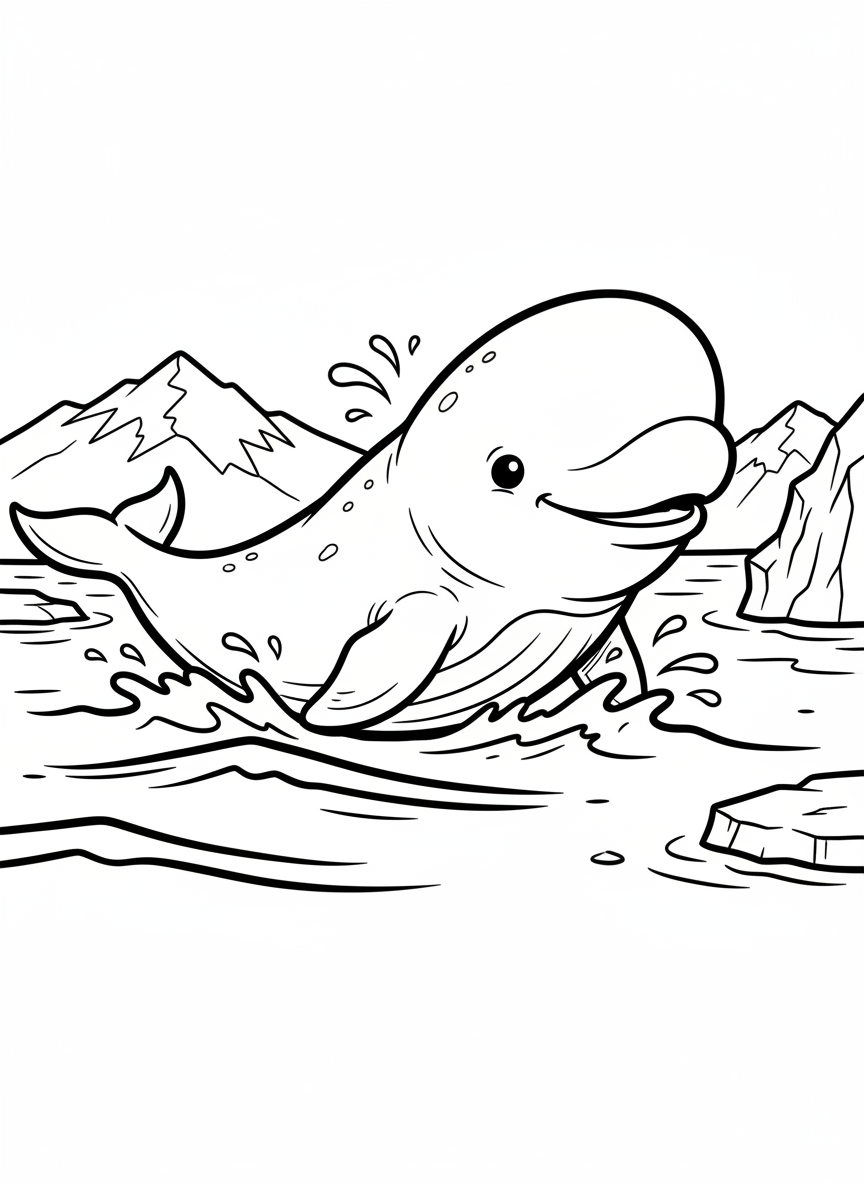 A beluga whale with its characteristic rounded head and friendly smile, swimming near the surface with small waves