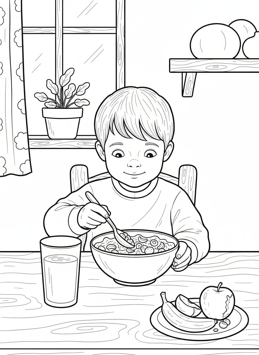 A breakfast table scene with a bowl of cereal, glass of milk, and fruit, with a child sitting ready to eat with a spoon