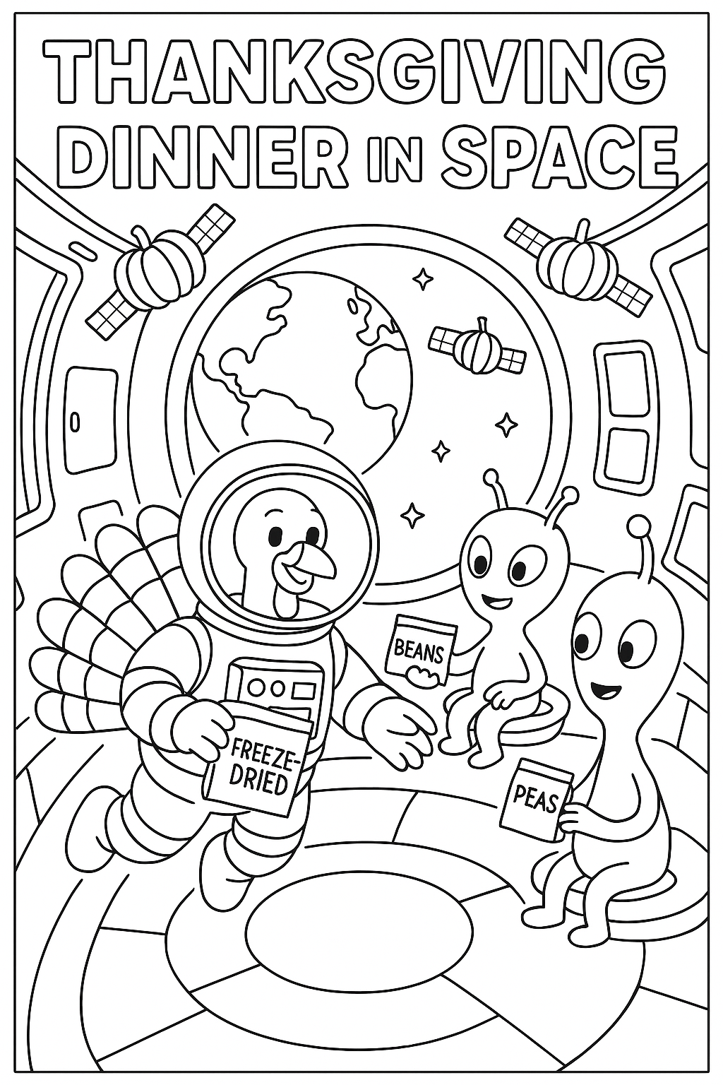 Astronaut turkey floating in space station with alien friends sharing freeze-dried thanksgiving dinner, Earth visible through window, satellites shaped like pumpkins orbiting outside