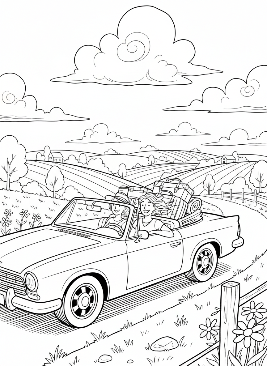 Summer Vacation coloring page prompts capturing travel adventures, relaxed days, family trips, and sunny escapes.	A scenic drive through rolling countryside, windows open and bags packed for a long-awaited trip.