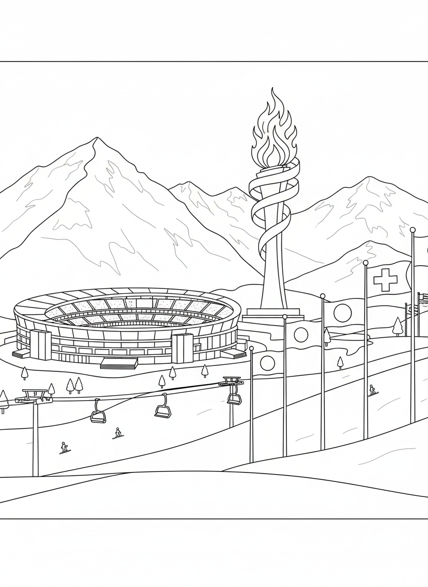 A ski resort Olympic venue scene showing the main stadium, Olympic torch, colorful flags from different countries, and snowy mountain backdrop.