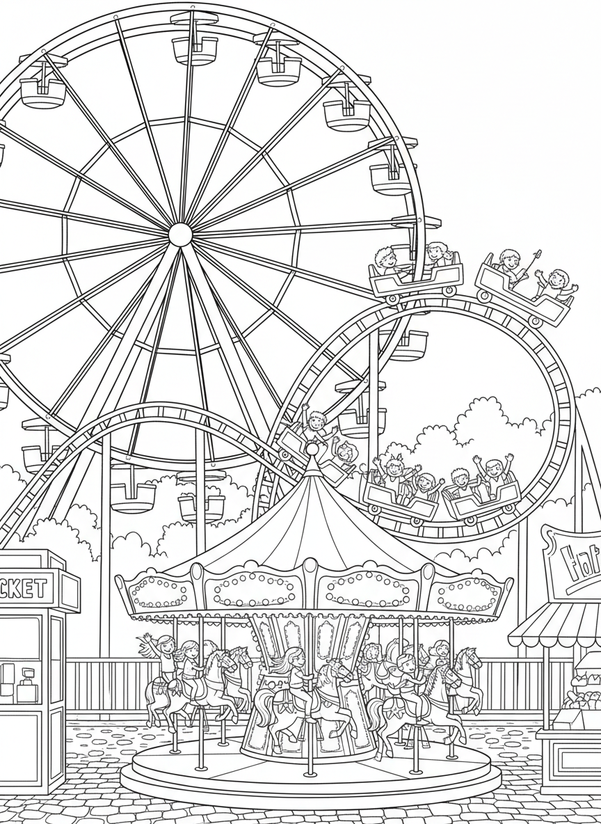 Elitch Gardens amusement park scene showing a Ferris wheel, roller coaster, and carousel with happy children riding, fun carnival atmosphere.