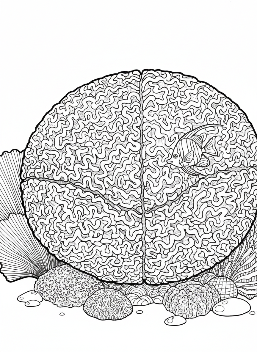 Brain coral with its maze-like pattern texture, shown as a large round formation with a small tropical fish nearby.