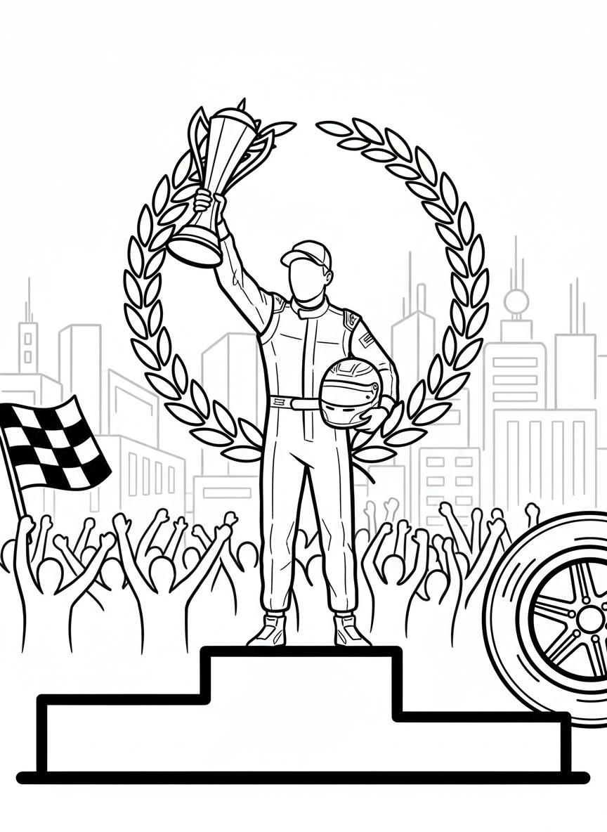 A Formula One driver standing on a victory podium holding a trophy high in the air, wearing a racing suit and helmet under their arm.