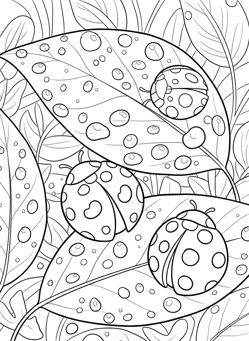 A close-up view of ladybugs crawling across large green leaves covered in tiny drops of morning dew.