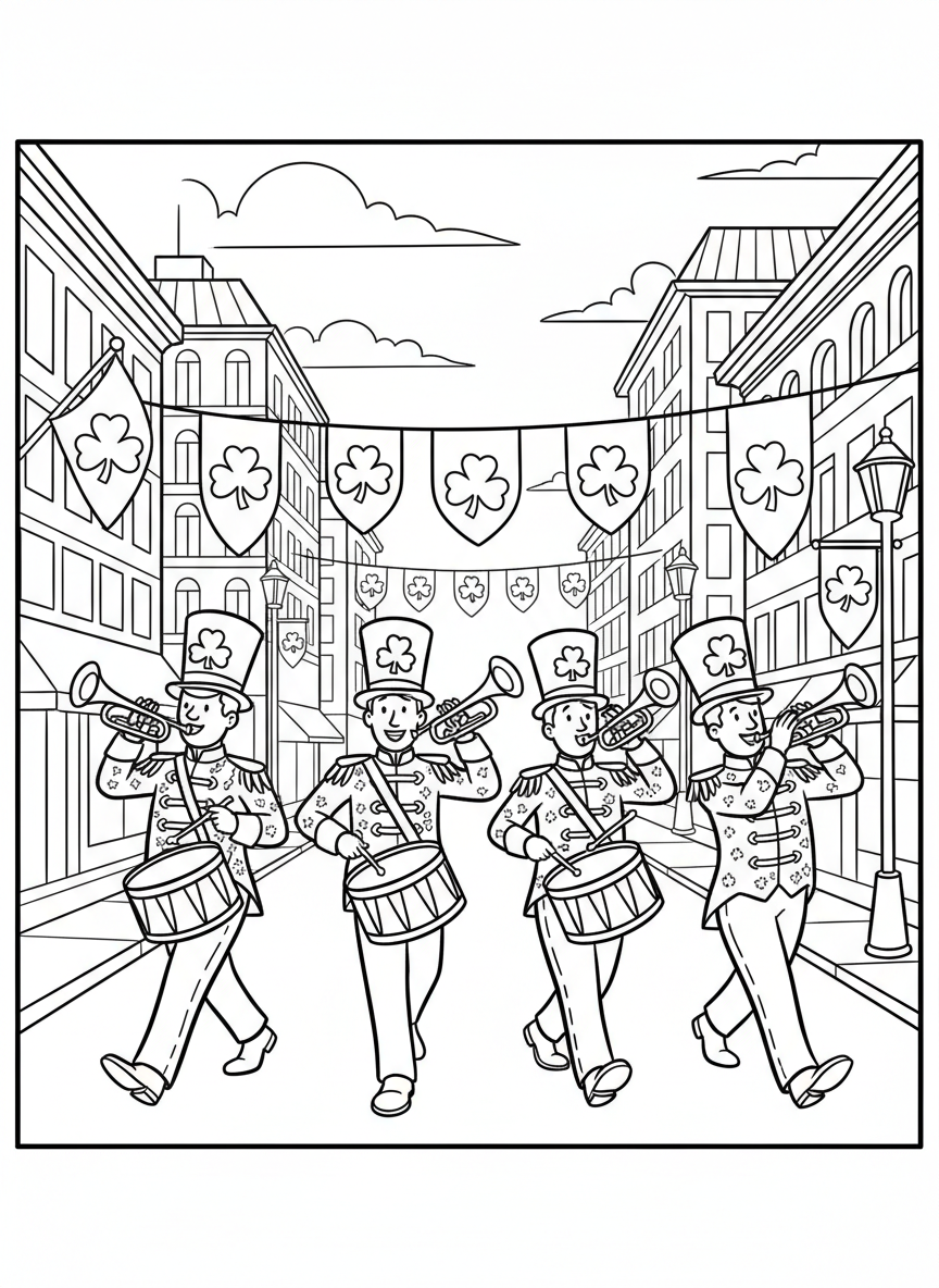 A cheerful marching band with drummers and trumpet players wearing tall hats, walking down a city street decorated with shamrock banners.